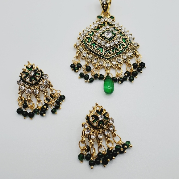 3 PC set Indian bohemian wedding kundan gold emerald jadau earrings necklace set - Picture 14 of 16